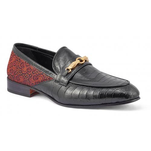 Mauri "Monet" Black / Coral Red Genuine Ostrich Leg / Matahari Fabric Horsebit Loafer Shoes 4946.